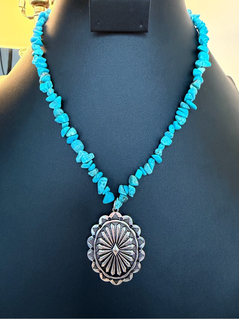 Turquoise Stone Chip Silver Tone Necklace Blue Jewelry BoHo Southwestern
